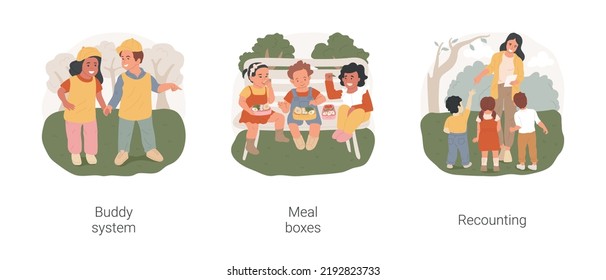 Preschool Field Trip Security Isolated Cartoon Vector Illustration Set. Buddy System, Meal Boxes, Recounting Children, Children Having Lunch Outdoor, Walk Holding Hands, Excursion Vector Cartoon.