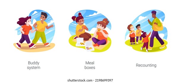 Preschool Field Trip Security Isolated Cartoon Vector Illustration Set. Buddy System, Meal Boxes, Recounting Children, Children Having Lunch Outdoor, Walk Holding Hands, Excursion Vector Cartoon.