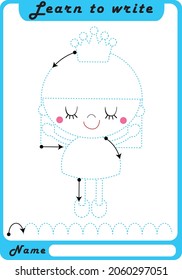 Preschool Fine Motor Worksheet - Dotted Lines.  Princess. Learn to write. Trace sheet. Illustration and vector outline - A4 paper, ready for printing.