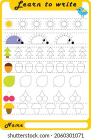 Preschool Fine Motor Worksheet - Dotted Lines.  Frog.Kids education training handwriting lines. Learn to write. Trace sheet. Illustration and vector outline - A4 paper, ready for printing.