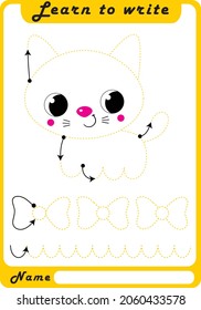 Preschool Fine Motor Worksheet - Dotted Lines.  Cat. Learn to write. Trace sheet. Illustration and vector outline - A4 paper, ready for printing. Workbook for kids handwriting repeat.
