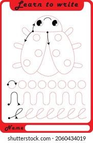 Preschool Fine Motor Worksheet - Dotted Lines.  Ladybug. Learn to write. Trace sheet. Illustration and vector outline - A4 paper, ready for printing. Workbook for kids handwriting repeat.