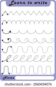 Preschool Fine Motor Worksheet - Dotted Lines.  Learn to write. Trace sheet. Illustration and vector outline - A4 paper, ready for printing. Workbook for kids handwriting repeat.