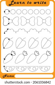 Preschool Fine Motor Worksheet - Dotted Lines.  Learn to write. Trace sheet. Illustration and vector outline - A4 paper, ready for printing. Workbook for kids handwriting repeat.