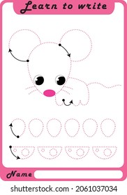 Preschool Fine Motor Worksheet - Dotted Lines.  Mouse. Learn to write. Trace sheet. Illustration and vector outline - A4 paper, ready for printing. Workbook for kids handwriting repeat.