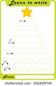Preschool Fine Motor Worksheet - Dotted Lines.  Christmas tree. Learn to write. Trace sheet. Illustration and vector outline - A4 paper, ready for printing. Workbook for kids handwriting repeat.