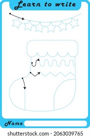 Preschool Fine Motor Worksheet - Dotted Lines.  Christmas sock. Learn to write. Trace sheet. Illustration and vector outline - A4 paper, ready for printing. Workbook for kids handwriting repeat.