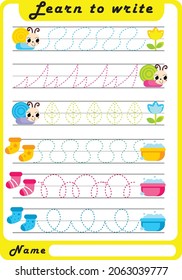 Preschool Fine Motor Worksheet - Dotted Lines.  Learn to write. Trace sheet. Illustration and vector outline - A4 paper, ready for printing. Workbook for kids handwriting repeat.