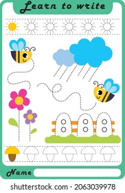 Preschool Fine Motor Worksheet - Dotted Lines.  Learn to write. Trace sheet. Illustration and vector outline - A4 paper, ready for printing. Workbook for kids handwriting repeat. Bee. Garden.