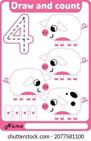 Preschool Fine Motor Worksheet - Dotted Lines. Learn to write and count. Trace sheet. Illustration and vector outline - A4 paper, ready for printing.Pig.