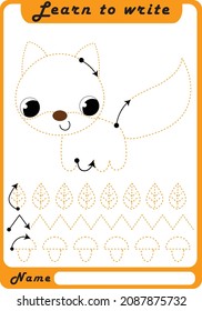 Preschool Fine Motor Worksheet - Dotted Lines.  Squirrel. Learn to write. Trace sheet. Illustration and vector outline - A4 paper, ready for printing. Workbook for kids handwriting repeat.