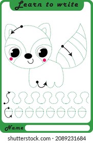 Preschool Fine Motor Worksheet - Dotted Lines.  Raccoon. Learn to write. Trace sheet. Illustration and vector outline - A4 paper, ready for printing. Workbook for kids handwriting repeat.