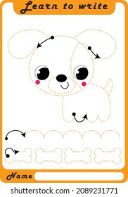 Preschool Fine Motor Worksheet - Dotted Lines.  Dog. Learn to write. Trace sheet. Illustration and vector outline - A4 paper, ready for printing. Workbook for kids handwriting repeat.