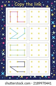 Preschool fine motor worksheet - dotted lines. Learn to write. Tracing sheet. Illustration and vector outline - A4 paper ready for printing. Workbook for repeating children's handwriting.