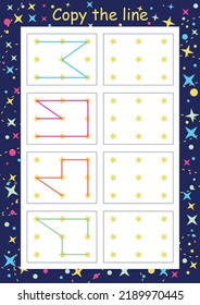 Preschool fine motor worksheet - dotted lines. Learn to write. Tracing sheet. Illustration and vector outline - A4 paper ready for printing. Workbook for repeating children's handwriting.