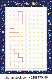 Preschool fine motor worksheet - dotted lines. Learn to write. Tracing sheet. Illustration and vector outline - A4 paper ready for printing. Workbook for repeating children's handwriting.