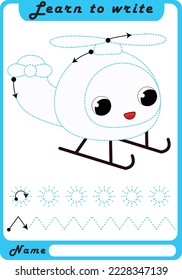 Preschool Fine Motor Worksheet - Dotted Lines.  Helicopter. Learn to write. Trace sheet. Illustration and vector outline - A4 paper, ready for printing. Workbook for kids handwriting repeat.