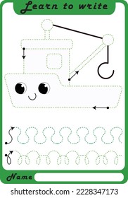 Preschool Fine Motor Worksheet - Dotted Lines.  Fish ship. Learn to write. Trace sheet. Illustration and vector outline - A4 paper, ready for printing. Workbook for kids handwriting repeat.