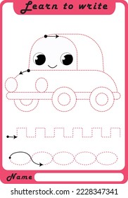 Preschool Fine Motor Worksheet - Dotted Lines.  Car. Learn to write. Trace sheet. Illustration and vector outline - A4 paper, ready for printing. Workbook for kids handwriting repeat.