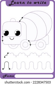 Preschool Fine Motor Worksheet - Dotted Lines.  Concrete mixer. Learn to write. Trace sheet. Illustration and vector outline - A4 paper, ready for printing. Workbook for kids handwriting repeat.