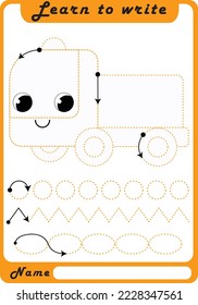 Preschool Fine Motor Worksheet - Dotted Lines.  Trauck. Learn to write. Trace sheet. Illustration and vector outline - A4 paper, ready for printing. Workbook for kids handwriting repeat.