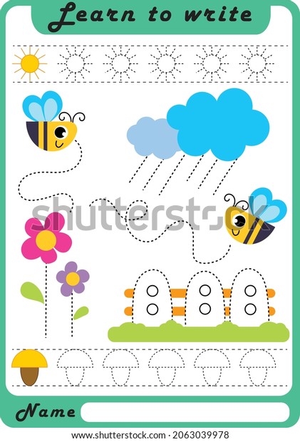 Preschool Fine Motor Worksheet - Dotted Lines. \
Learn to write. Trace sheet. Illustration and vector outline - A4\
paper, ready for printing. Workbook for kids handwriting repeat.\
Bee. Garden.