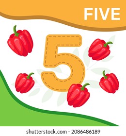 Preschool game for kids learning  to count. Nımber fıve. Red peppers. Bright colorful elements. Vector illustration.