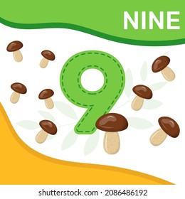 Preschool game for kids learning  to count. Number nine. Mushrooms. Bright colorful elements. Vector illustration.
