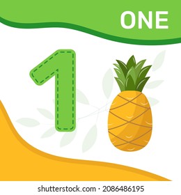 Vorschulspiel für Kinder, die zählen lernen. Nummer eins. Ananas schlucken. Helle, bunte Elemente. Vektorgrafik.