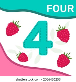 Preschool game for kids learning  to count. Number four. Sweet raspberry. Bright colorful elements. Vector illustration.
