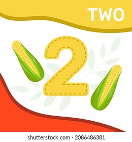 Preschool game for kids learning  to count. Number two. Cute corns. Bright colorful elements. Vector illustration.