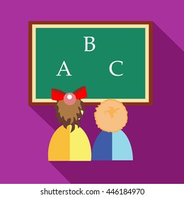 Preschool girl and boy learning to write letters and read icon in flat style on a fuchsia background