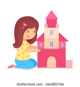 Preschool girl building house on floor. Cute child playing isolated on white background. Vector illustration