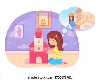 Preschool girl building house on floor dreaming become builder. Cute child playing in playroom or bedroom. Dream about future profession. Aspiration being constructor. Vector illustration