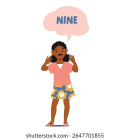 Preschool girl cartoon character counting nine with fingers enjoying playful education. Studying is fun, arithmetic number joyful learning for children vector illustration. Happy childhood and growth