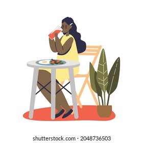 Preschool girl eating eggs and fresh vegetables, drink juice in morning for breakfast. Happy little kid enjoy tasty meal. Children nutrition concept. Cartoon flat vector illustration