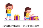 Preschool girl kid happy to found birthday gift box. Excited kid receiving and unpacking gift box with ribbon bow. Child cartoon characters. Childhood and holiday. Flat vector isolated illustration