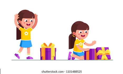 Preschool girl kid happy to found birthday gift box. Excited kid receiving and unpacking gift box with ribbon bow. Child cartoon characters. Childhood and holiday. Flat vector isolated illustration