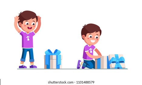 Preschool girl kid happy to found birthday gift box. Excited kid receiving and unpacking gift box with ribbon bow. Child cartoon characters. Childhood and holiday. Flat vector isolated illustration