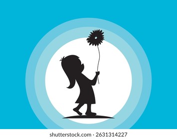 Preschool girl kid holding  flower. Cartoon kid character.