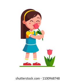 Preschool girl kid holding tulip flower and smelling it. Child girl enjoying flower aroma smell. Cartoon kid character. Flat style vector illustration isolated on white background