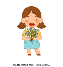 Preschool Girl with Ponytail Holding Flower Bouquet and Smiling Vector Illustration