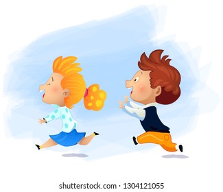 Preschool girl running fast and play catch-up and tag game. Cartoon vector illustration