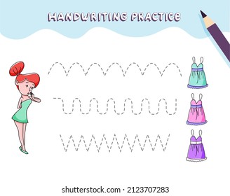 Preschool girl's worksheet for practicing fine motor skills, tracing lines. Educational kids game. Funny handdrawn cartoon characters. Vector illustration
