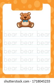 Preschool handwriting practice sheet bear. Educational children.Tracing Worksheet, Exercises for kids and toddlers - illustration and vector outline