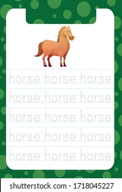 Preschool handwriting practice sheet horse. Educational children .Tracing Worksheet, Exercises for kids and toddlers - illustration and vector outline
