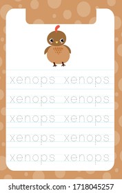Preschool handwriting practice sheet xenops. Educational children .Tracing Worksheet, Exercises for kids and toddlers - illustration and vector outline