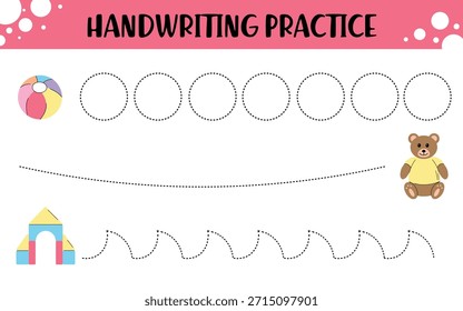 Preschool Handwriting Practice Worksheet with Tracing Lines and Toys