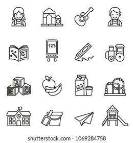 Preschool icons set on white background. Line Style stock vector.