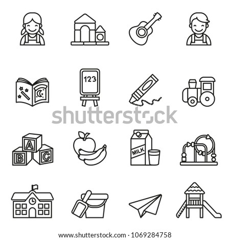 Preschool icons set on white background. Line Style stock vector.